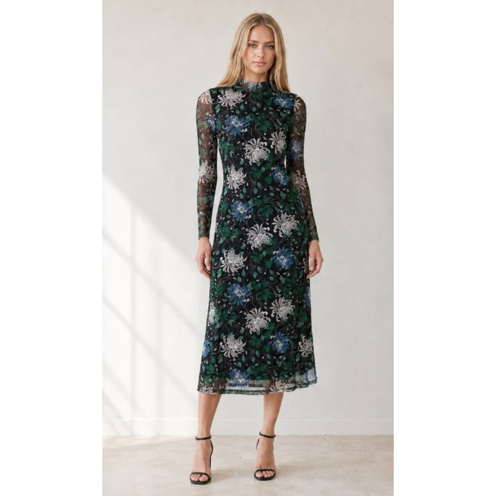NWOT Dylan Ryan Women Black and Blue Floral Mesh Mock Neck Midi Dress Sz M